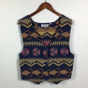 Vintage cotton knit geometric print vest blue muted colors women size large